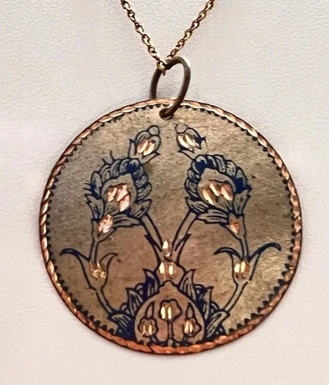Diamond Cut Pendant For Necklace With Copper Blue Enamel Flowers- Vintage Estate - Image 2 of 4