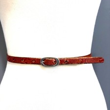 VTG 90s Skinny Cognac Brown Embossed Tooled Leather Belt Slim Oval Buckle,Size S