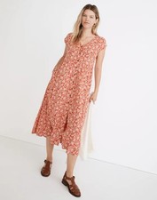 Madewell Button-Front Midi Dress Piazza Floral Red White Flower V-neck Small
