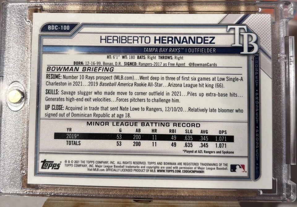 2021 Bowman Chrome Sapphire edition Heriberto Hernandez BDC-100 /15 bookend - Image 2 of 3
