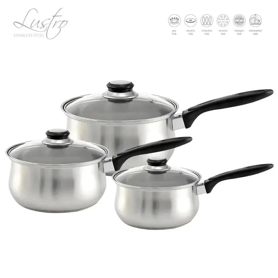 6pc Induction Stainless Steel Non Stick Saucepan Stock Pot Set Lid Black Handle