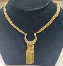 Crescent  Pendant Tassel Gold Tone Necklace
