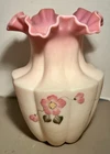 Fenton Burmese Uranium Glass 9.5” Ruffled Vase Hand Painted Signed, UV Glow