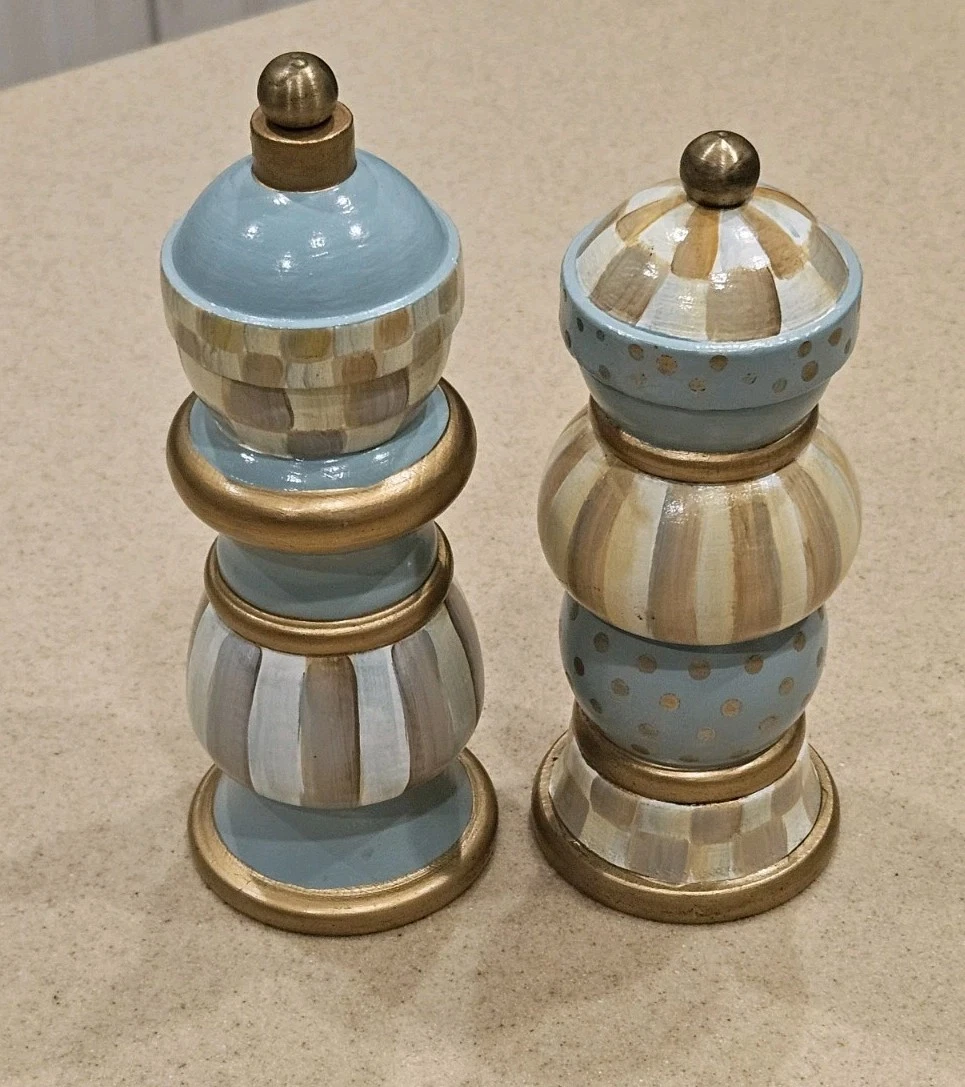 RARE RETIRED SET MACKENZIE CHILDS PARCHMENT CHECK WOOD SALT PEPPER MILL GRINDER