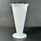 Vintage Anchor Hocking Milk Glass Hobnail Vase Scalloped Rim 9.5” Footed White