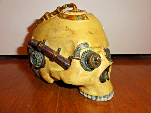 Steampunk Geared Robot Cyborg Teschio Umano Statuina Macabro Vittoriano Fantascienza - Foto 15 di 15