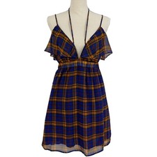 Nameless Dress Womens Strappy Backless Blue Orange Plaid Halter Neck Chiffon M