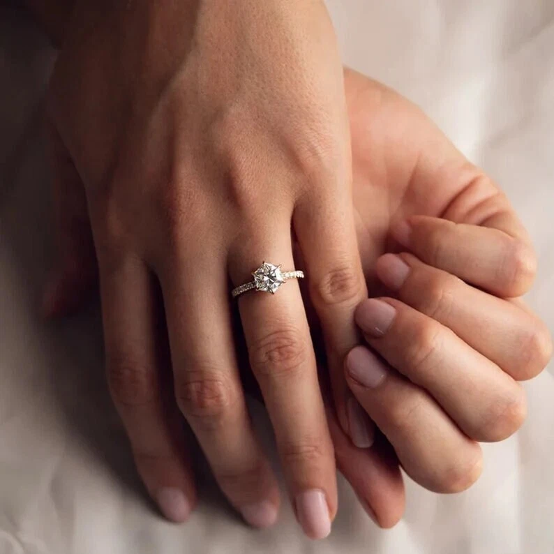 White Elongated Hexagon Cut Moissanite Three Stone Ring 18K Rose Gold Over 2 CT - Image 3 of 4