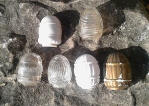 7 Antique Bird Cage Feeders Hendryx, Germany Milk Glass and Clear Glass