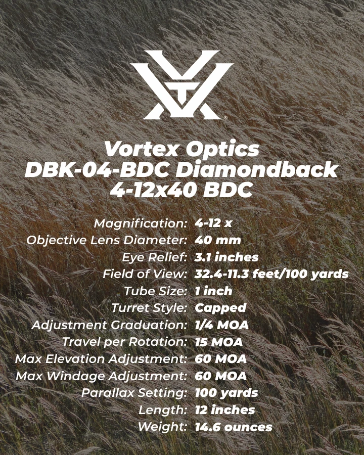 Escopo Vortex Optics DBK-04-BDC Diamondback 4-12 12x40 BDC com pacote de chapéu grátis - Imagem 3 de 4