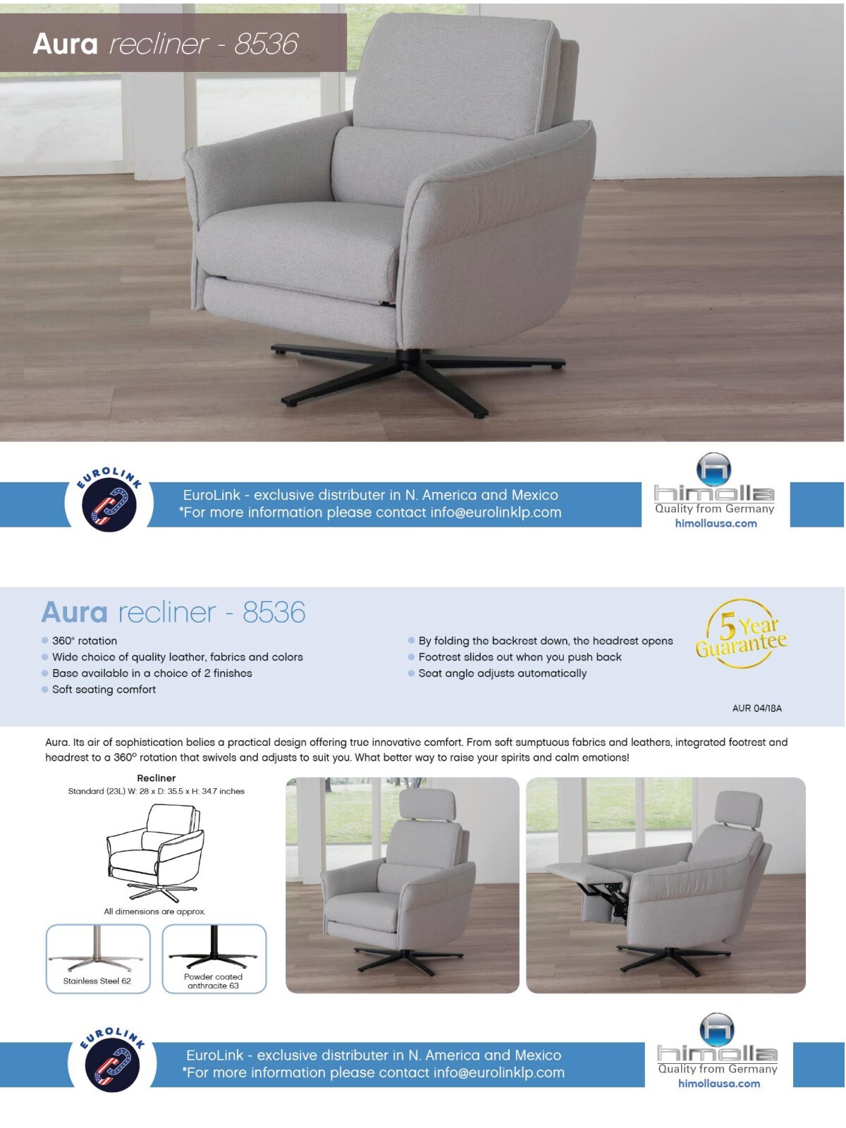 Himolla Aura Recliner Chair with Adjustable Headrest - POWER Cognac Leather