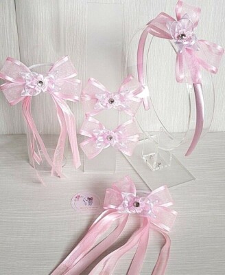 Haarschmuck Set: Blumenschleife Stirnband, Haarspangen & Haarband / Gummiband
