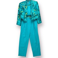 Vintage Womens XS 3-Piece Jacket Blouse Pants Set Turquoise 80s 90s Floral Palm