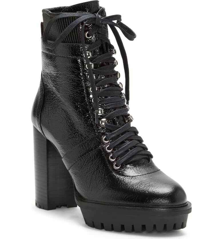 NEW Vince Camuto Ermania Womens Black Patent Lace Up Combat Moto Boots 10