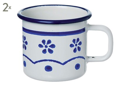 2er Set Tassen Becher Emaille weiß blau Griff Old Cottage - Excelsa - Durchmesser 9 cm