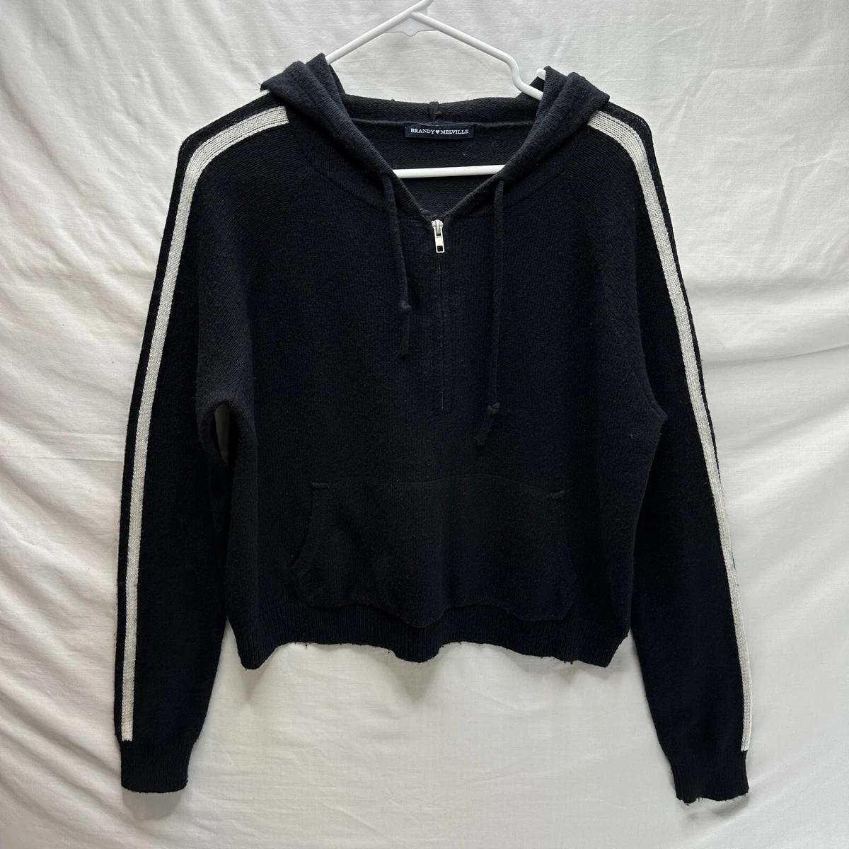 Brandy Melville Wool Blend Crop 1/2 Zip Pullover Hoodie Sweater Jacket OS  Black