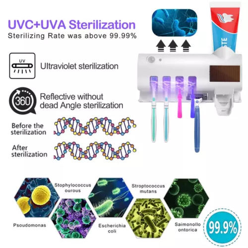 Toothbrush Holder UV Light Sterilizer Cleaner and Automatic Toothpaste Dispenser - Picture 5 of 15