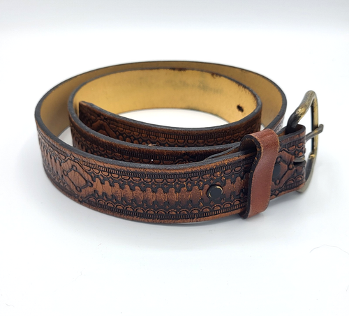 Men's Leather Tooled Embossed Belt Size 36 Brown Western Aztec Style
