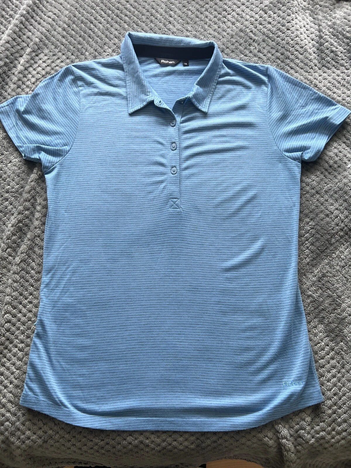 ROHAN Ladies Polo Shirt Blue Striped Size 10 UPF40+ Sun Protection