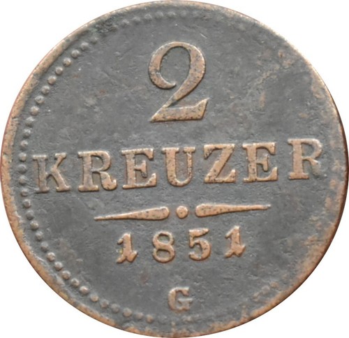 Habsburg coin Franz Joseph 2 Kreuzer 1851 G Nagybánya, Baia Mare, RARE
