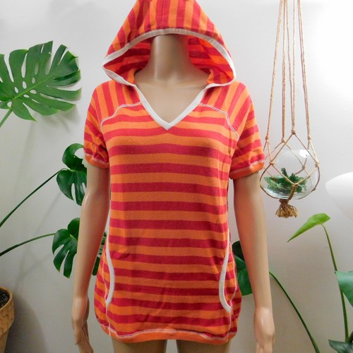 Krimson Klover by Sweater Girl Pullover Hooded Short Sleeve Orange Red Striped L - Picture 2 of 8