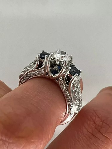Art Deco Style Lab-Created Diamond Sapphire Three-Stone Ring 14K White Gold FN - Picture 2 of 7
