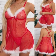 Women Babydoll Lingerie Sexy Christmas Red Santa See-through Dress Set Nightwear