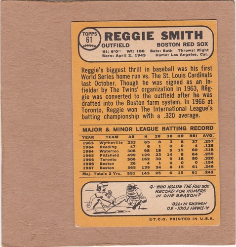 1968 Topps #61 Reggie Smith Rookie Cup ...VG-EX....SEE SCAN - Picture 2 of 2