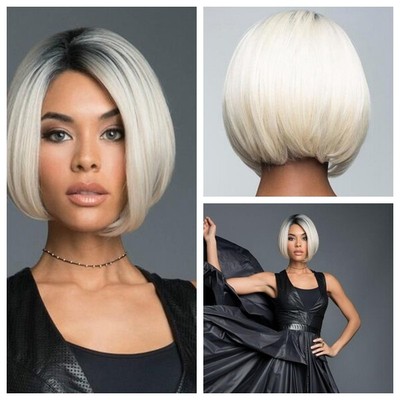 Short Bob Straight Synthetic Hair Wig Ombre Blonde Bob Mid Part