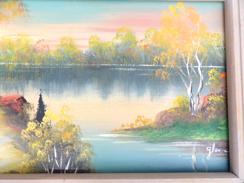 PAIR ARTIST SIGNED VTG ACRYLIC ON MASONITE FRAMED COLORFUL LAKE SCENES 24" 12" - Picture 8 of 12