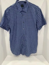 Hugo Boss Slim Fit Dress Up Mens XL Plaid Blue Short Sleeve Collared Casual Top