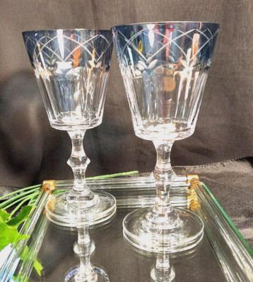2 Lenox Cut to Clear ''Swedish Lodge'' Crystal Wine Goblets Blue/Lavender Pair SET
