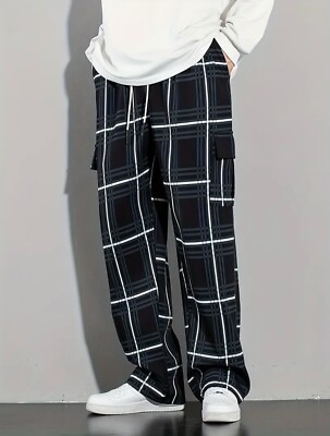 【todayful】Plaid Cargo Pants Men Size 4 XL Black Fashion Plaid Cargo Pants Durable