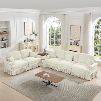 Modular Cloud Couch Sofa Set w/ Removable Ruffles & Flared Arms, Beige White