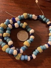 Antique African Yellow Decorated Beads With Blue And  White Bead Strand