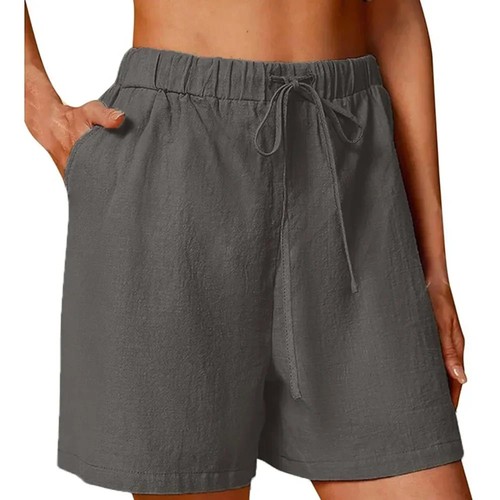 Pantaloncini corti donna estivi casual con coulisse tinta unita cotone lino. - Foto 10 di 25