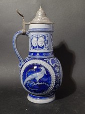 ANTICA GRANDE CARAFFA BROCCA BOCCALE BIRRA COPERCHIO PELTRO CERAMICA WESTERWALD