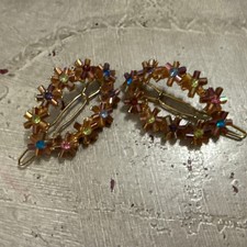 Vintage Pair of Colorful Rhinestone Floral Oval Shaped Barrettes/Hair Clips