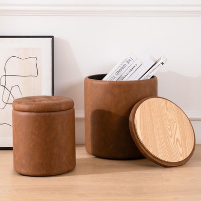 Set of 2 Round Faux Leather Storage Ottomans, Tufted Footrest & Coffee Table, Br
