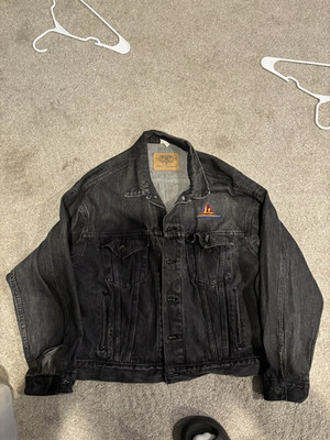 International Denim Men's Black Trucker Jacket Button Logo Pockets Size L