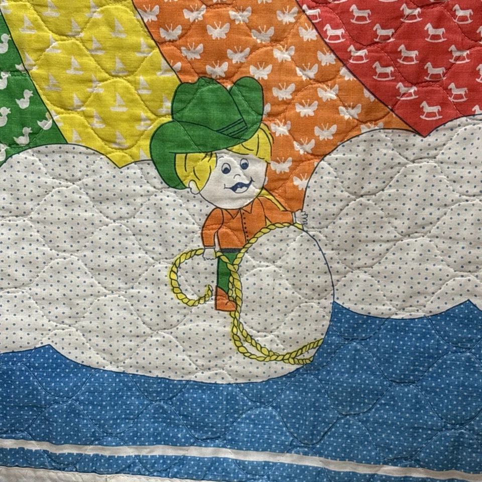 Vintage THAT'S OUR BABY 1980’s RAINBOW Cowboy Cowgirl Blanket Quilt 43X33 RARE - Image 2 of 4