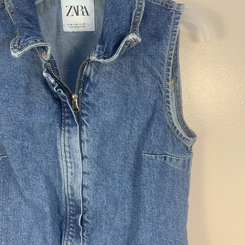 ZARA Denim Front Zip Retro Mini Dress Blue Pocket Sleeveless Fitted Sz M - Foto 3 di 12