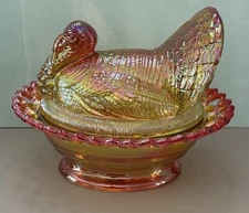 Mosser Glass USA MARIGOLD CARNIVAL Turkey on Nest Lace Edge THANKSGIVING Holiday