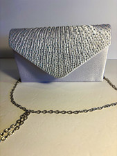 Silver Satin Textured Clutch Bag with Chain Strap Rhinestone Flap