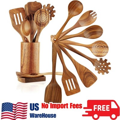 10 Pcs Wooden Cooking Utensils Set Nonstick Teak Kitchen Tools Heat Resistant