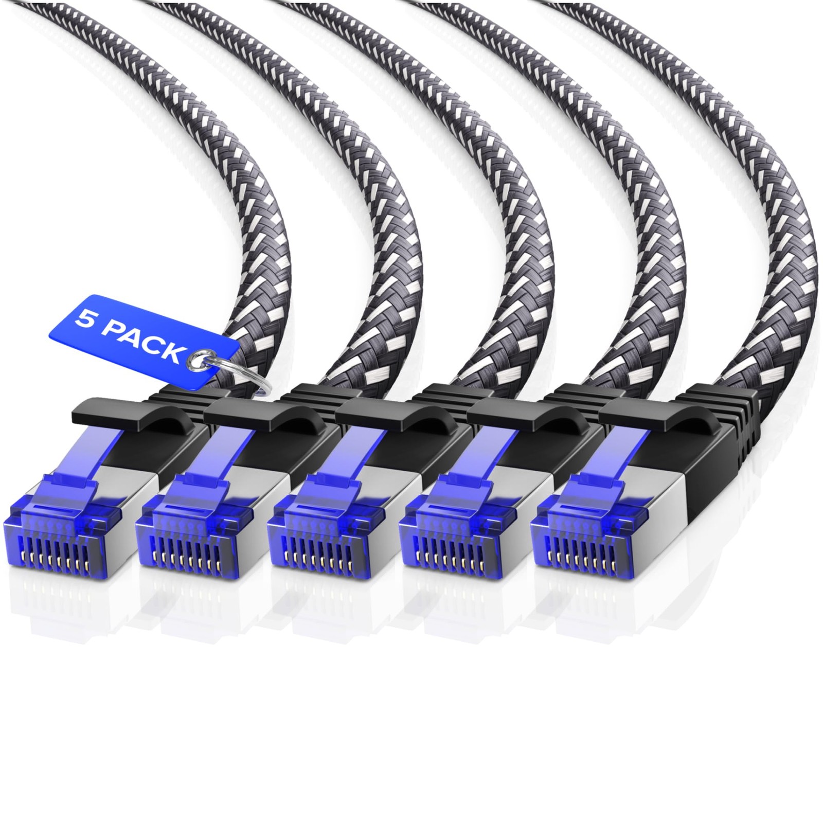 6ft Cat7 Ethernet Cable 5-Pack - High-Speed Braided LAN Network Cable in Black