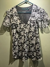 Lauren Ralph Lauren Black Floral Ruffled Sleeve/collar Top Office Corps Medium