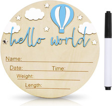 Baby Announcement Sign, 5.9 Inch Wooden Hello World Newborn Signs, Birth Announc