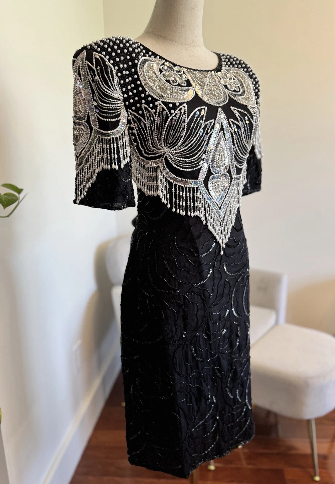 UNDERCOVER Mini Abito Tg 6 SETA Vintage Paillettes Perle Nappe Schiena Aperta Perline Nero Bianco