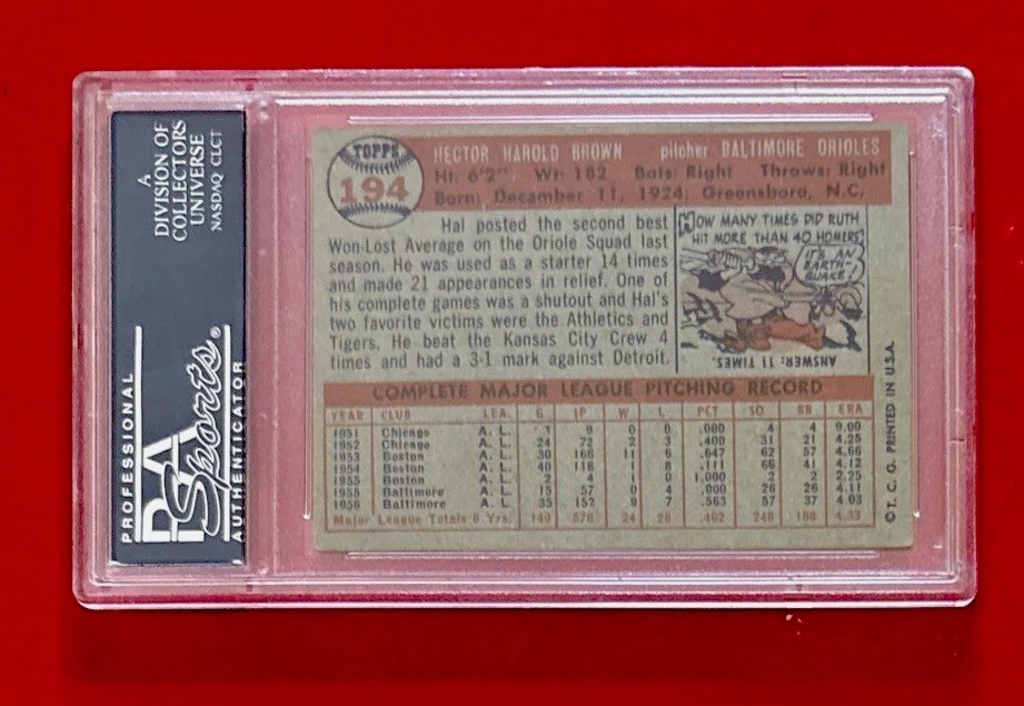 1957 Topps HAL BROWN #194 PSA 6 BALTIMORE ORIOLES Graded Baseball Card Vintage view 2